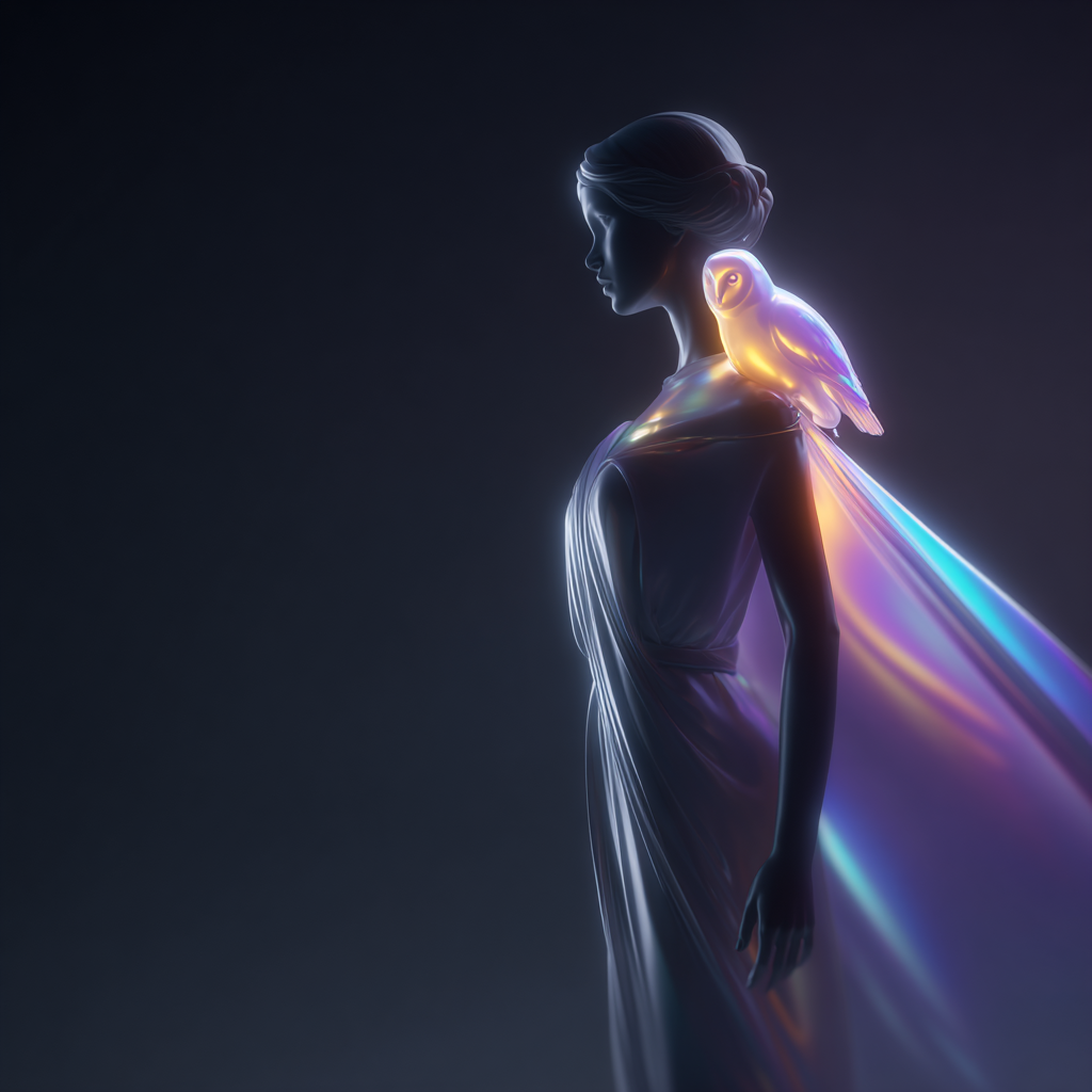 Athena figure standing in darkness with glow